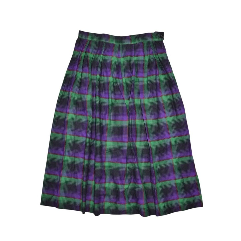 Vintage Skirt Womens 30" Tartan Plaid Green Purple Pleated Flare Maxi 70s